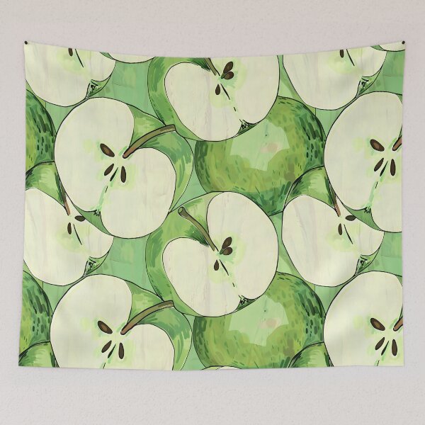Item preview, Green Apple Slices in Overlapping Pattern - Translucent Green and Yellow Colors on Dark Background Digital Art designed and sold by OlfactoART Studio.