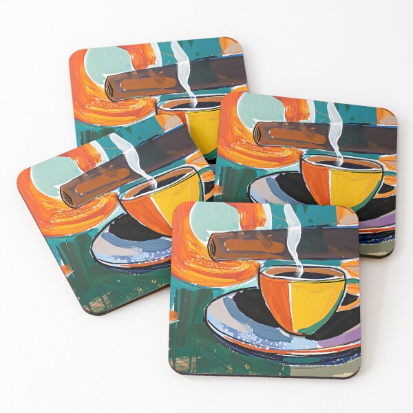 Item preview, Coffee Cup with Steam and Cigar on Saucer - Dynamic Abstract Background in Bold Orange, Teal designed and sold by OlfactoART Studio.