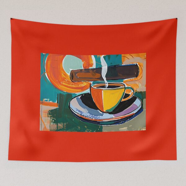Item preview, Coffee Cup with Steam and Cigar on Saucer - Dynamic Abstract Background in Bold Orange, Teal designed and sold by OlfactoART Studio.