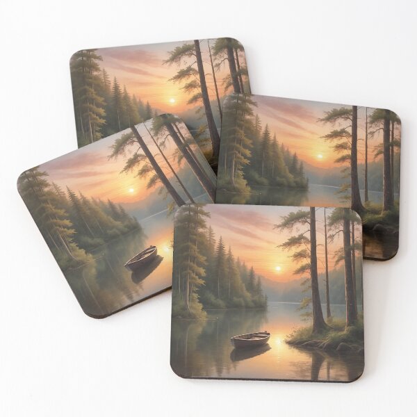 Item preview, Serene Lake At Sunset With Boat And Forest Scene designed and sold by 19Beauty.