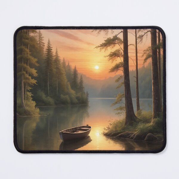 Item preview, Serene Lake At Sunset With Boat And Forest Scene designed and sold by 19Beauty.