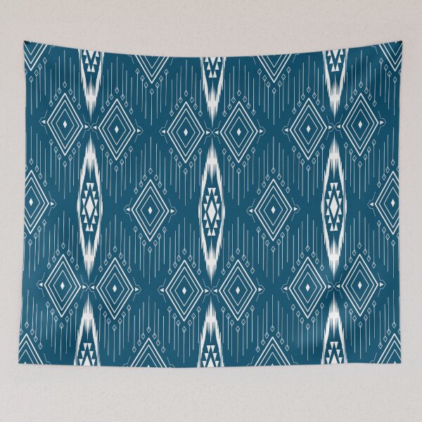 Item preview, pixel art  on blue background wallpaper oriental seamless pattern.ornament. Ethnic .decor style.  geometric ornament. Vector seamless pattern.  blanket, rug. Woven carpet fabric designed and sold by yakza-design.