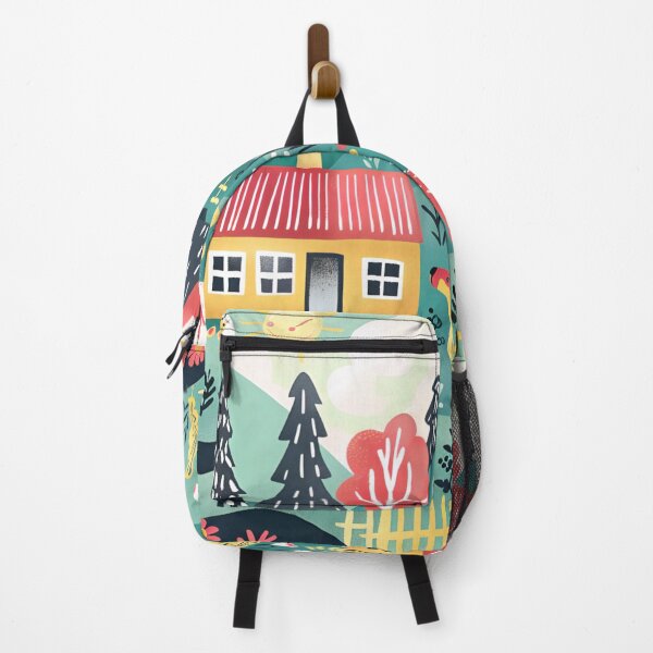 Item preview, Scandinavian landscape with houses, trees and animals, folk art, folk art, traditional Scandinavian painting designed and sold by NordicArtPrint.