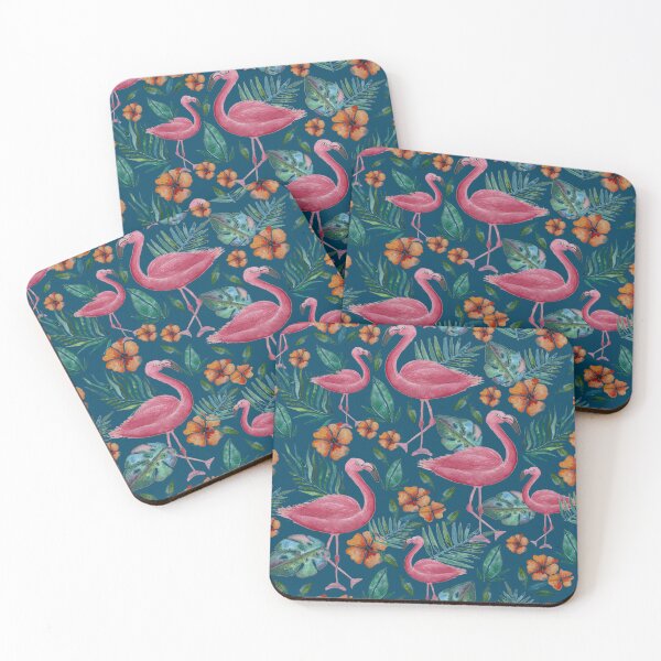 Item preview, Watercolor Tropical Scene with Pink Flamingos - Prussian Blue designed and sold by Shalini Bisht.