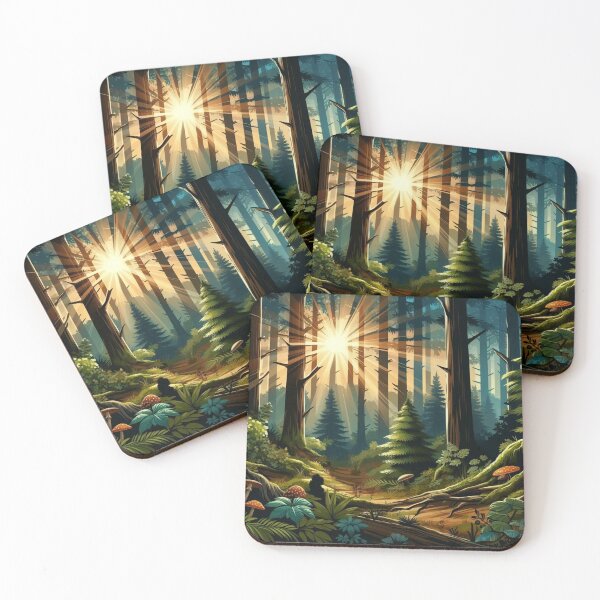 Item preview, A sunset in a forest with a Christmas tree in a park surrounded by trees and tropical plants. designed and sold by Sijtipat.