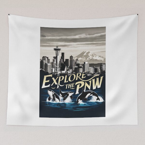 Artikelvorschau, Explore the PNW: Vintage Reiseplakat: Orcas und Seattle Skyline im Pazifischen Nordwesten – Retro Minimal Stil: Orca im Pazifik entworfen und verkauft von pod24.