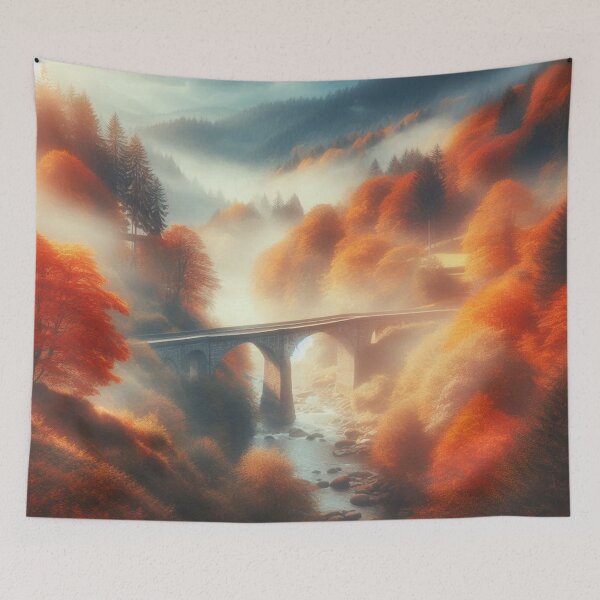 Item preview, Dreamy autumn scene: Picturesque bridge over misty river valley, surrounded by bright autumn colors designed and sold by FotoworldEdel.