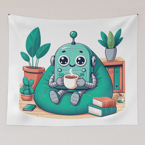 Item preview, A robot sitting on a sofa drinking a hot drink designed and sold by ChouWorkDesign.
