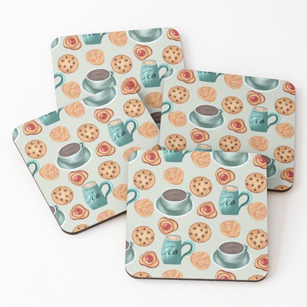 Item preview, Painterly biscuits and tea, tea cups, chocolate chip cookies, cookies with sprinkles, and jelly cookies in pastel green designed and sold by JasmineGDesigns.