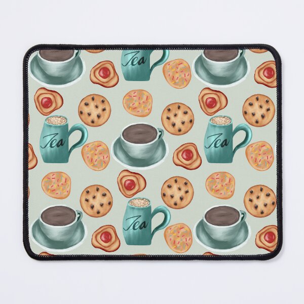 Item preview, Painterly biscuits and tea, tea cups, chocolate chip cookies, cookies with sprinkles, and jelly cookies in pastel green designed and sold by JasmineGDesigns.