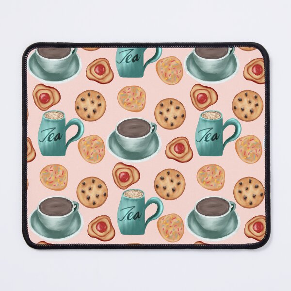 Item preview, Painterly biscuits and tea, tea cups, chocolate chip cookies, cookies with sprinkles, and jelly cookies in pastel pink designed and sold by JasmineGDesigns.