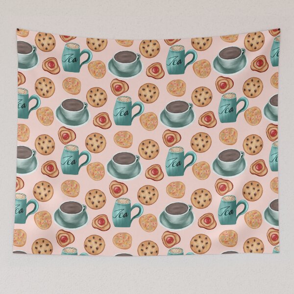 Item preview, Painterly biscuits and tea, tea cups, chocolate chip cookies, cookies with sprinkles, and jelly cookies in pastel pink designed and sold by JasmineGDesigns.