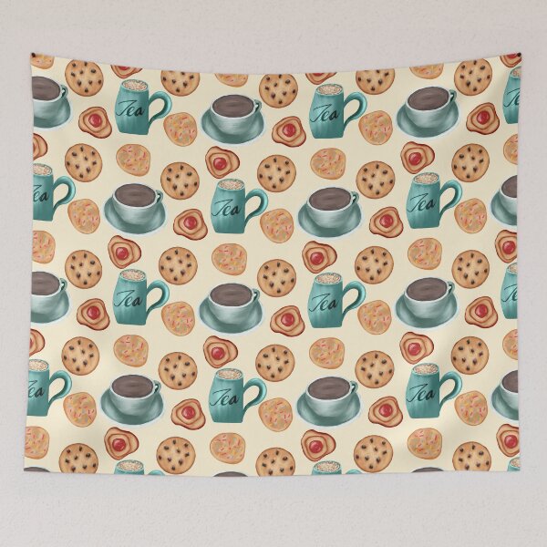 Item preview, Painterly biscuits and tea, tea cups, chocolate chip cookies, cookies with sprinkles, and jelly cookies in pastel yellow designed and sold by JasmineGDesigns.