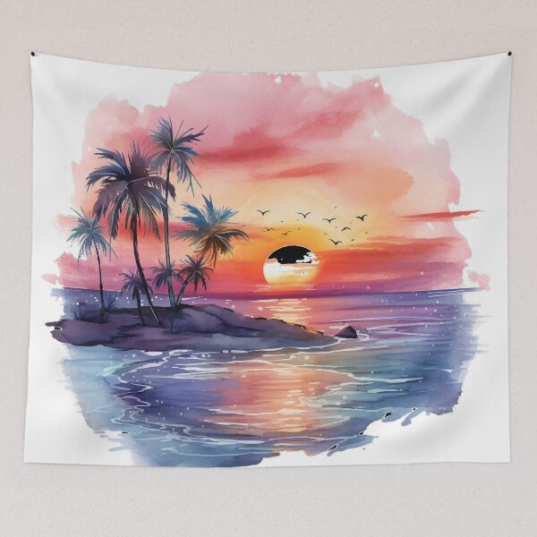 Artikelvorschau, Tropischer Sonnenuntergangstrand im Aquarell entworfen und verkauft von Tammy Marie Russell.
