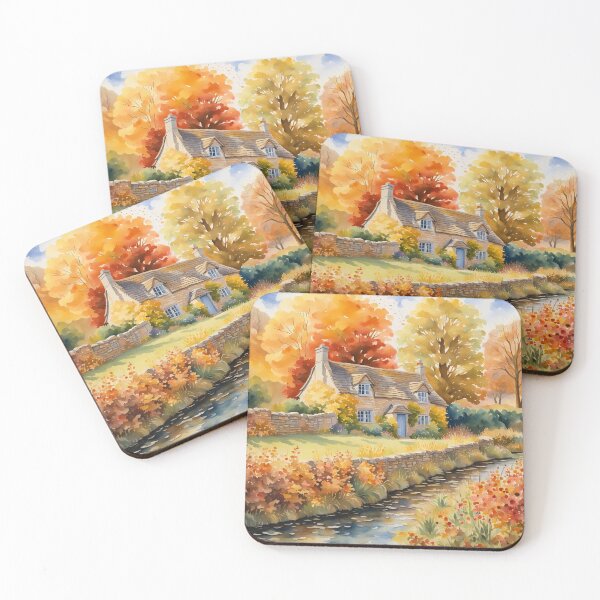 Item preview, Cotswold Cottage in Autumn Watercolor Painting designed and sold by MeadowFarmPrint.