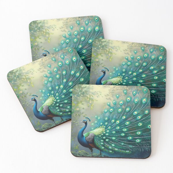 Item preview, Elegant peacock with vibrant feathers in a lush forest designed and sold by Artessie.