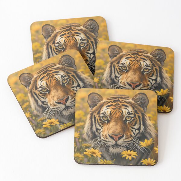 Item preview, Majestic tiger resting in a vibrant field of flowers designed and sold by Artessie.