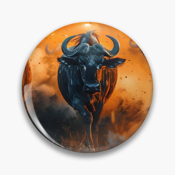 Item preview, Stampede of strong buffalos in a fiery landscape at dusk. designed and sold by Artessie.