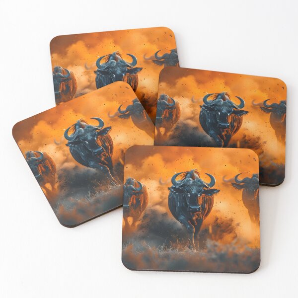 Item preview, Stampede of strong buffalos in a fiery landscape at dusk. designed and sold by Artessie.