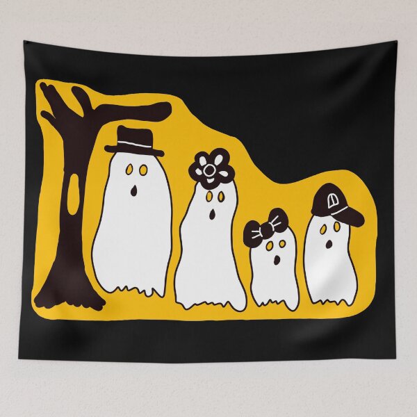 Aperçu de l'œuvre Famille Fantôme Halloween Rétro Avec Fond Jaune créée et vendue par RepeatCandy.