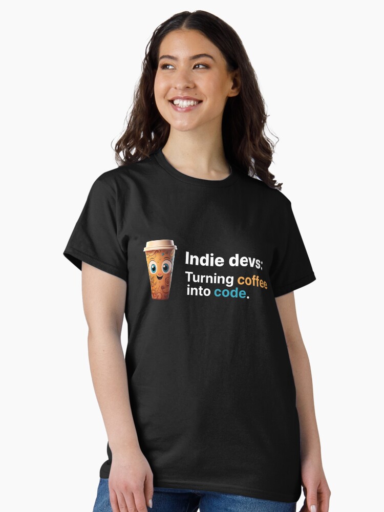 Thumbnail 2 of 7, Classic T-Shirt, Indie devs: Turning coffee into code. designed and sold by darkskygear.