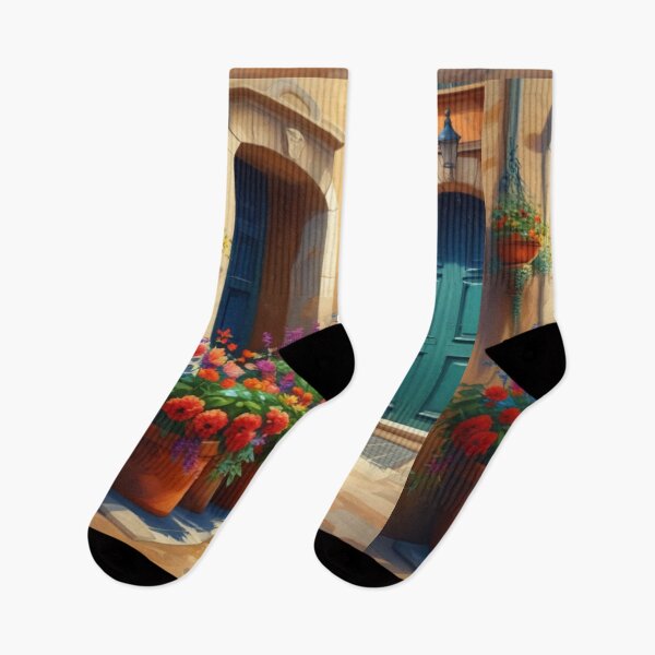 Item preview, painted a picture of an Italian courtyard, in picturesque colors. Flowers grow in pots designed and sold by bvdesignart.