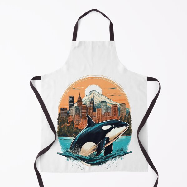 Item preview, Retro ocean travel poster: jumping orca in the Pacific off Seattle with Space Needle and Mount Rainier – vintage minimal artwork designed and sold by pod24.