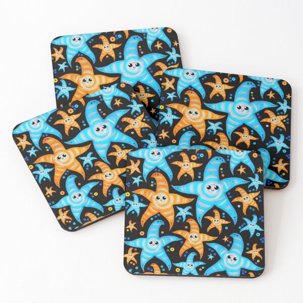 Item preview, cyan and orange spiral starfishes - black designed and sold by doveydotdraws.
