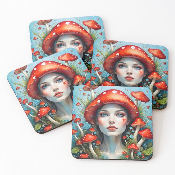 Item preview, Lady Amanita mushroom hair woman portrait designed and sold by EmeraldeaArt.
