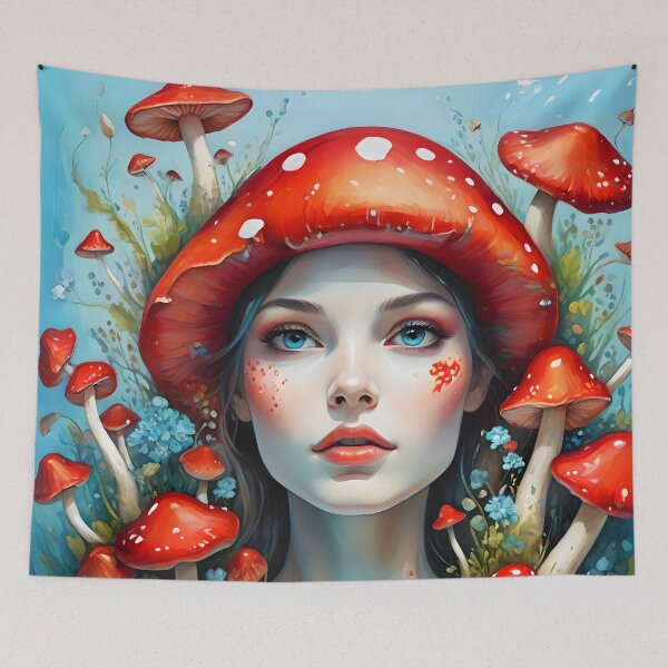 Item preview, Lady Amanita mushroom hair woman portrait designed and sold by EmeraldeaArt.
