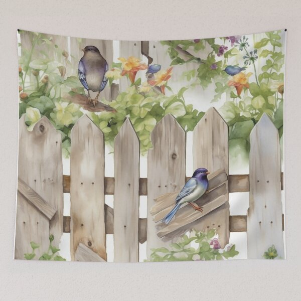 Artikelvorschau, Gartenzaun Vögel Botanischer Druck Aquarell entworfen und verkauft von Tammy Marie Russell.