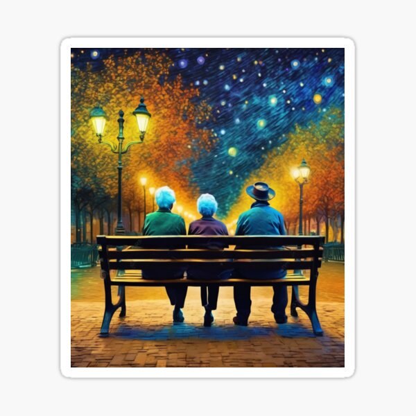 Item preview, "Elders on a Bench: Sharing Perspectives Under a Vibrant Starry Sky" designed and sold by Artisticanvas.