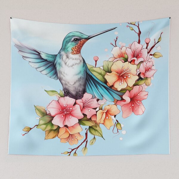 Artikelvorschau, Kolibri Rosa Blumen Botanischer Druck Aquarell entworfen und verkauft von Tammy Marie Russell.