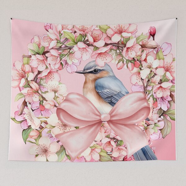 Artikelvorschau, Vogel rosa Blumenkranz botanischen Druck Aquarell entworfen und verkauft von Tammy Marie Russell.