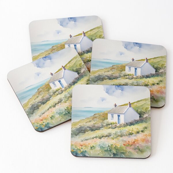 Item preview, Cornish Cottage by the Sea in Spring Watercolor Painting designed and sold by MeadowFarmPrint.