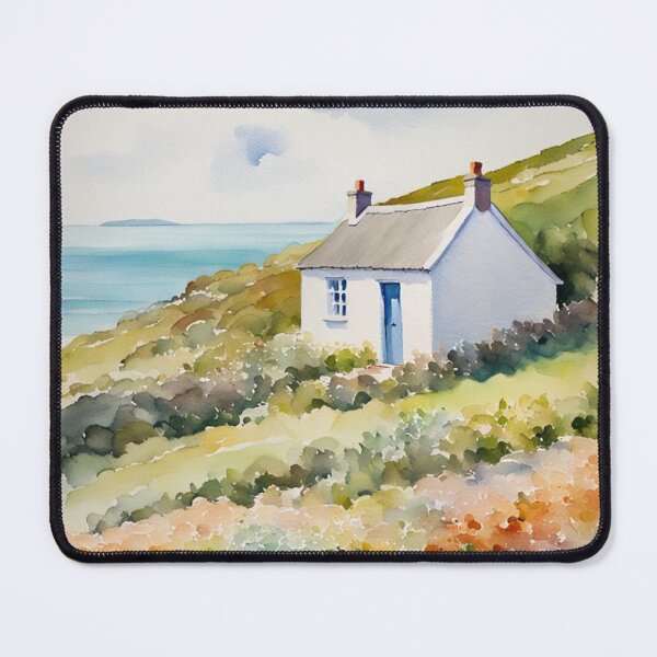 Item preview, Cornish Cottage by the Sea in Spring Watercolor Painting designed and sold by MeadowFarmPrint.