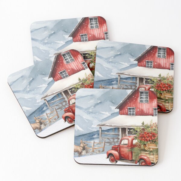 Artikelvorschau, Weihnachten Bauernhof Haus rot LKW Aquarell Druck entworfen und verkauft von Tammy Marie Russell.