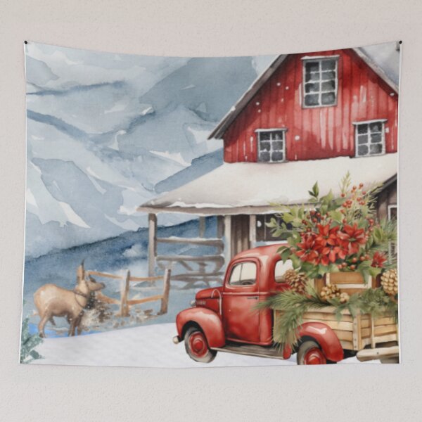 Artikelvorschau, Weihnachten Bauernhof Haus rot LKW Aquarell Druck entworfen und verkauft von Tammy Marie Russell.