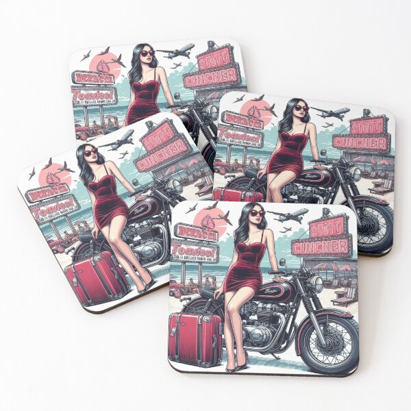 Item preview, Girl in Red velvet dress posing with a vintage motorcycle by the beach designed and sold by BoldandBiker.