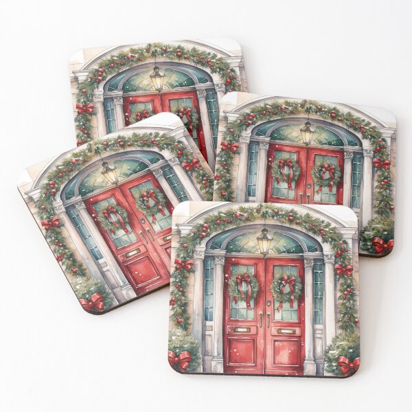 Artikelvorschau, Weihnachtstür Weihnachtsstern Kranz Girlande Aquarell Druck entworfen und verkauft von Tammy Marie Russell.