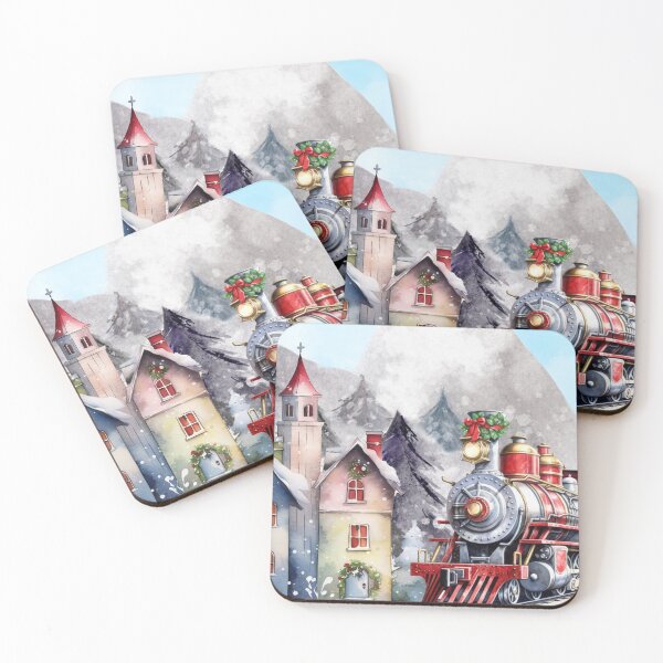 Artikelvorschau, Weihnachtszug Bergdorf Aquarell Druck entworfen und verkauft von Tammy Marie Russell.