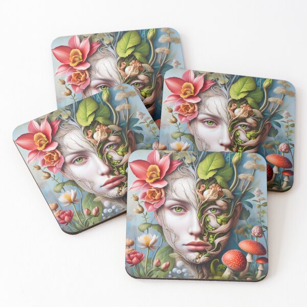 Item preview, Botanical red funghi anatomy face art of a woman designed and sold by EmeraldeaArt.