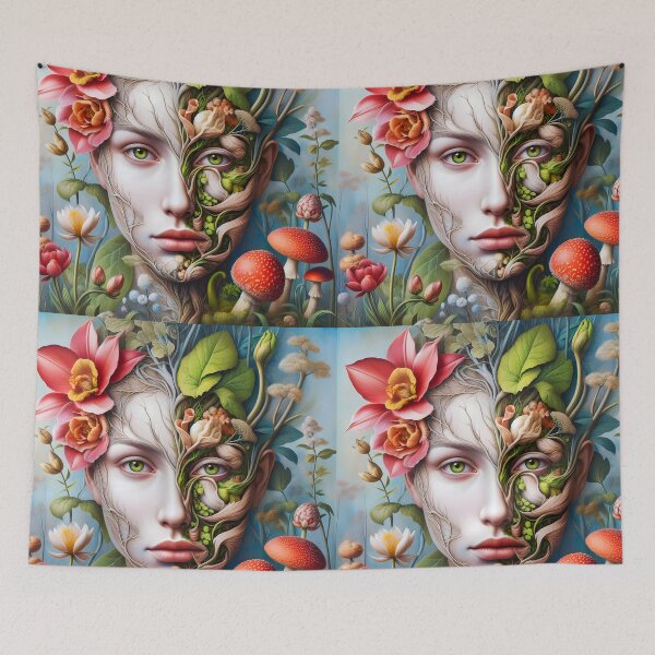 Item preview, Botanical red funghi anatomy face art of a woman designed and sold by EmeraldeaArt.