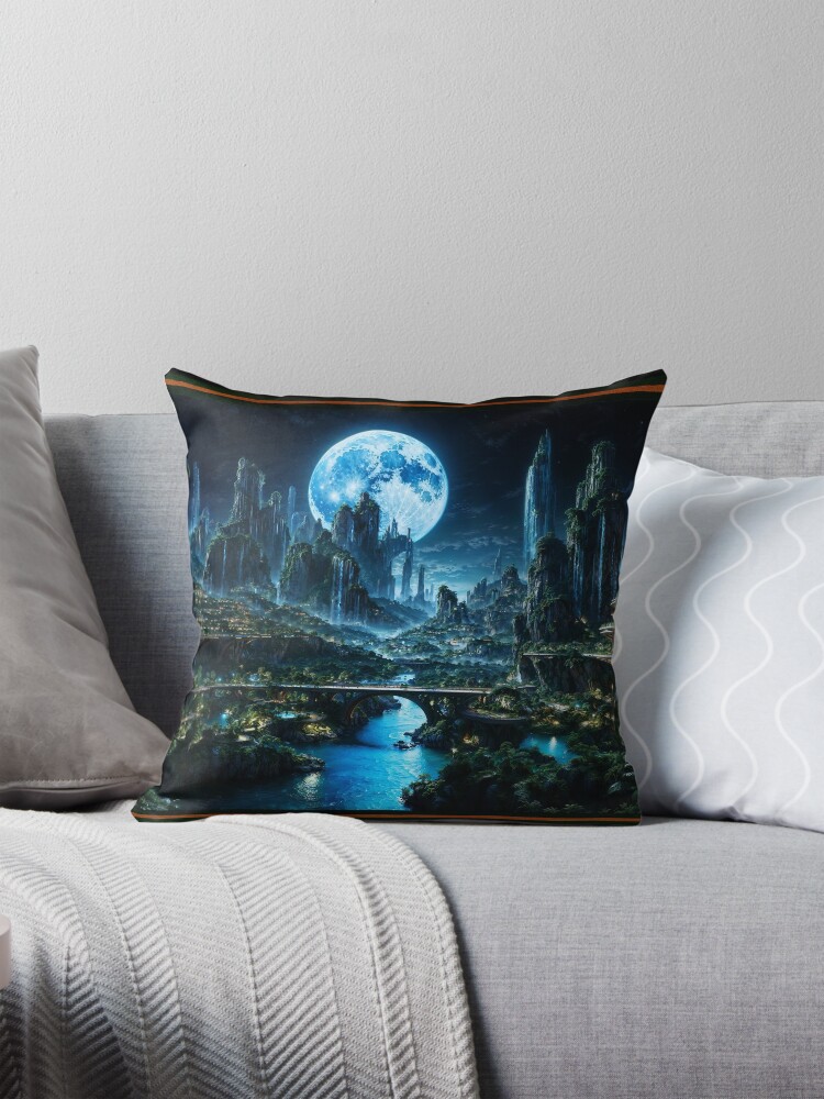 The Realm of Acostia A Mesmerizing Moonlit Utopia Astounding AI Concept Art by Xzendor7 Decorative Landscape Art Print Throw Pillow