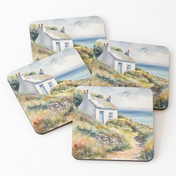 Item preview, Cornish Cottage by the Sea in Summer Watercolor Painting designed and sold by MeadowFarmPrint.