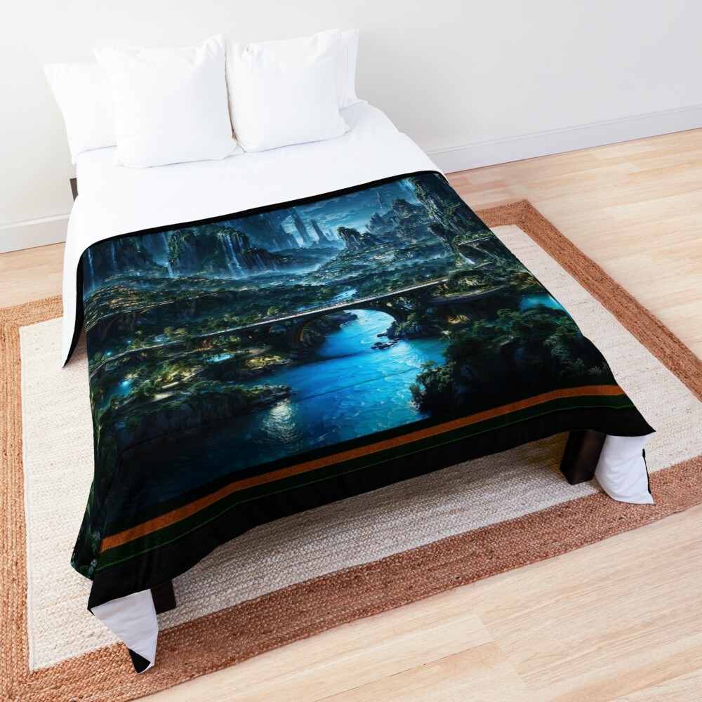 The Realm of Acostia A Mesmerizing Moonlit Utopia Astounding AI Concept Art by Xzendor7 Decorative Landscape Art Print Comforter