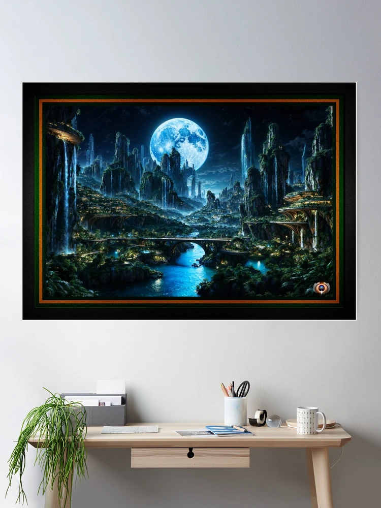 The Realm of Acostia A Mesmerizing Moonlit Utopia Astounding AI Concept Art by Xzendor7 Room Decor Poster Landscape Art Print
