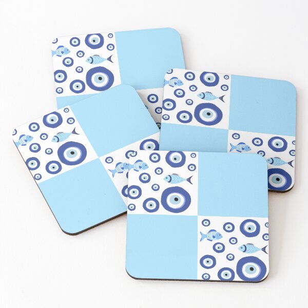 Item preview, Greek Evil Eye With Fish Light Blue Checkered Pattern designed and sold by TRVLR Designs.