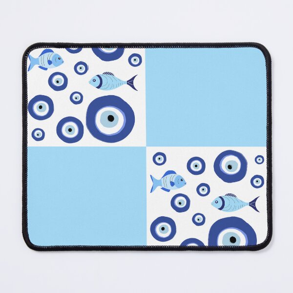 Item preview, Greek Evil Eye With Fish Light Blue Checkered Pattern designed and sold by TRVLR Designs.