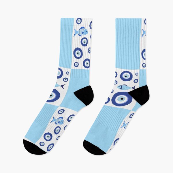 Item preview, Greek Evil Eye With Fish Light Blue Checkered Pattern designed and sold by TRVLR Designs.